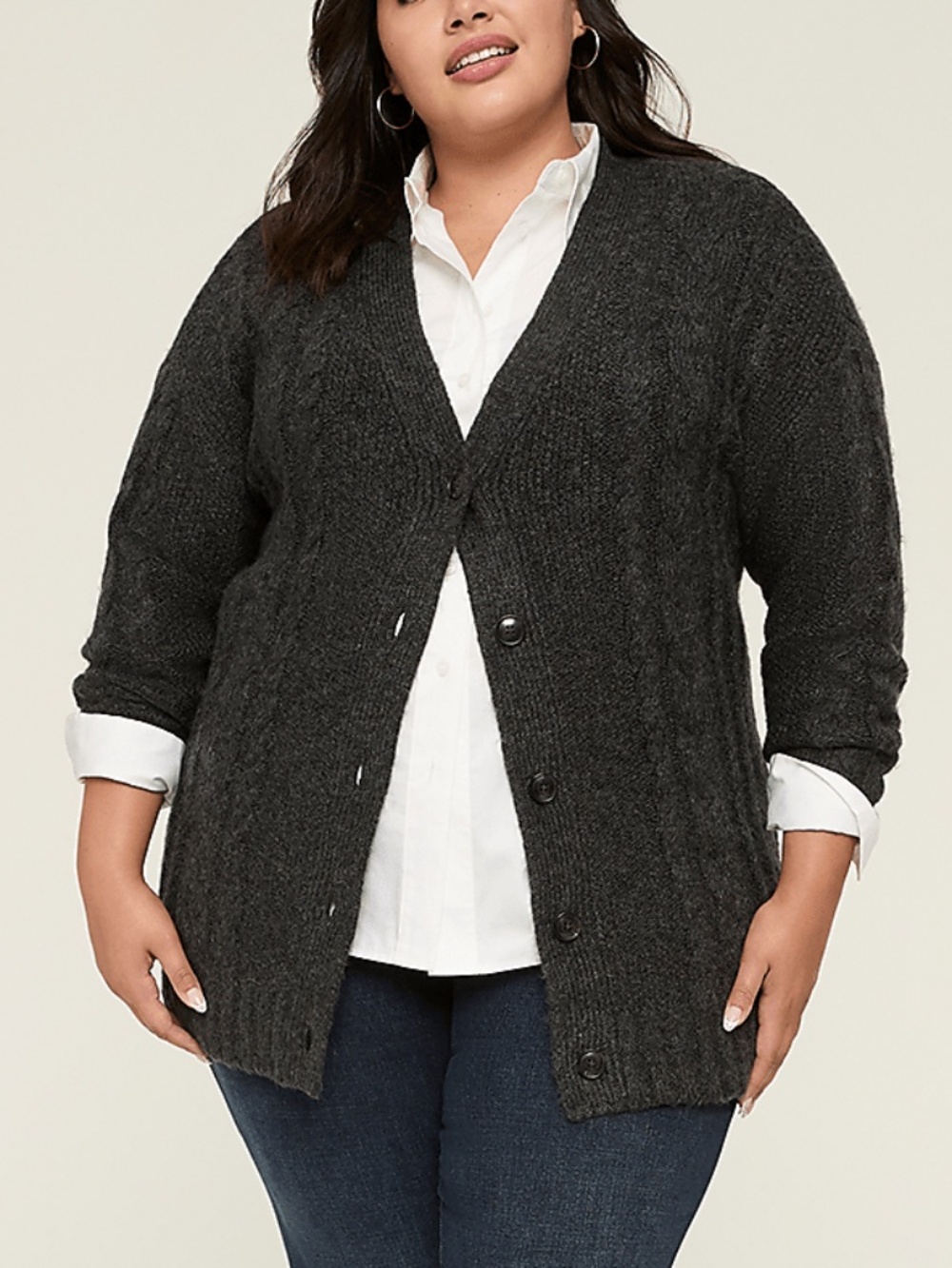 Lane Bryant - Button-Front Cable Knit Gray Cardigan - 14/16 1X